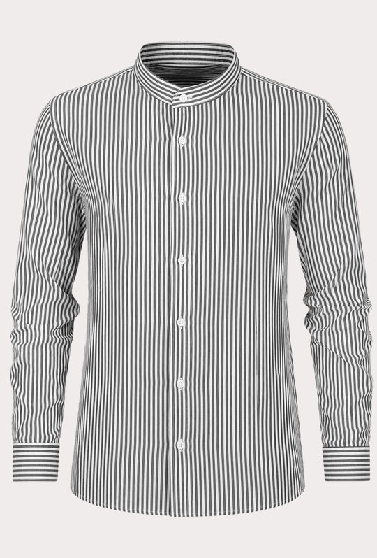 Camicia Uomo Manica Lunga Lino e Cotone Collo Coreano a righe Made in Italy -NERO