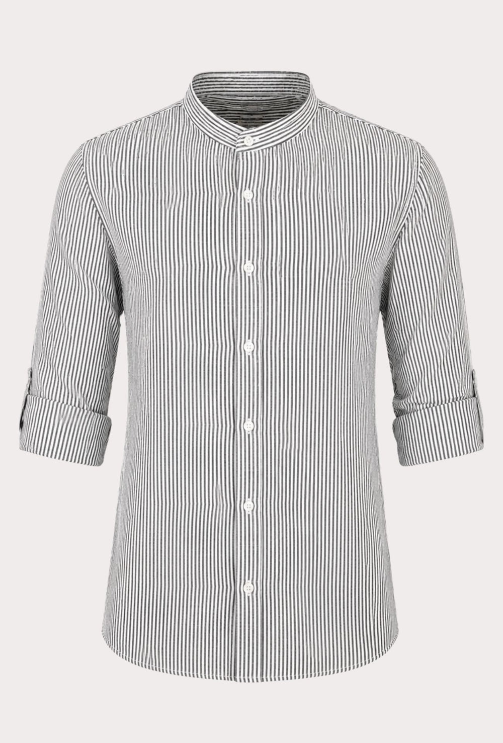 Camicia Uomo Manica Lunga Lino e Cotone Collo Coreano a righe Made in Italy -NERO