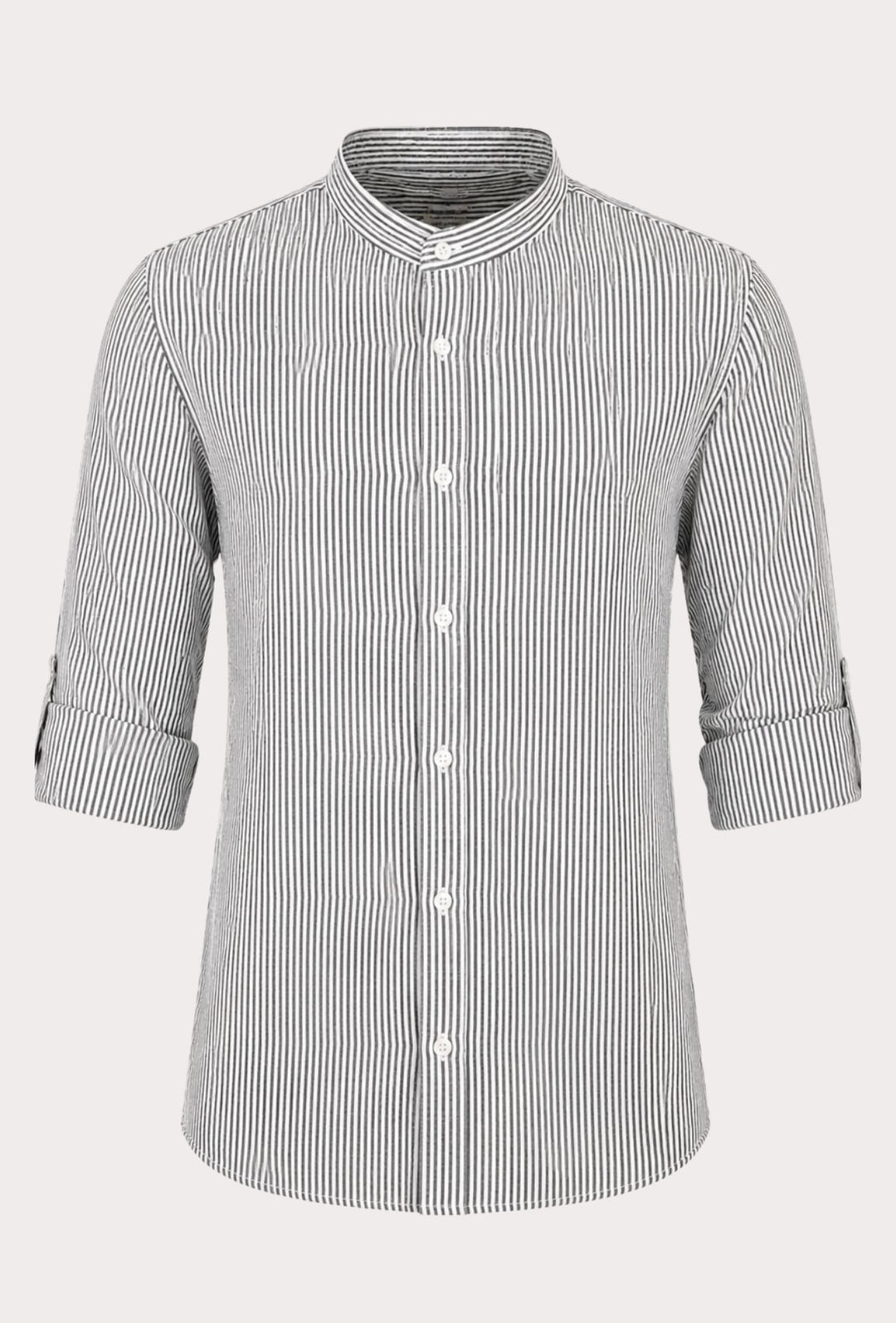 Camicia Uomo Manica Lunga Lino e Cotone Collo Coreano a righe Made in Italy -NERO