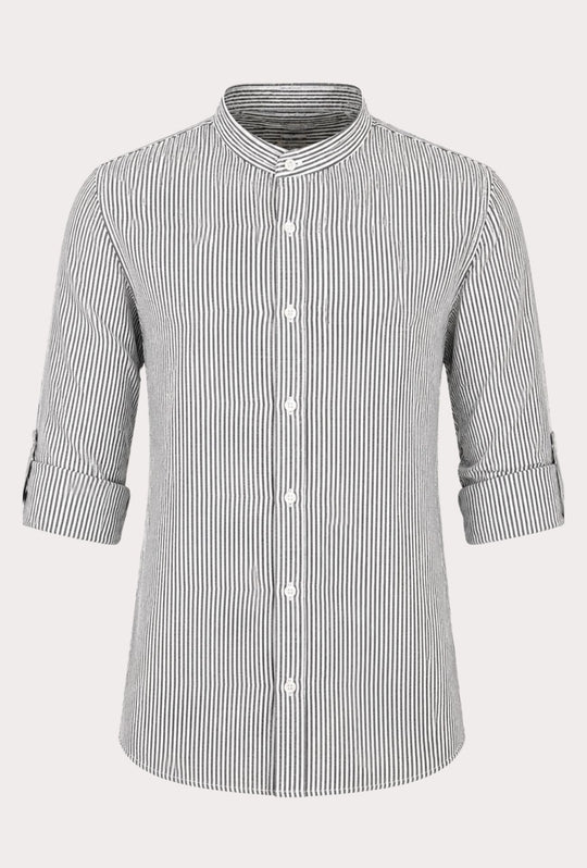 Camicia Uomo Manica Lunga Lino e Cotone Collo Coreano a righe Made in Italy -NERO