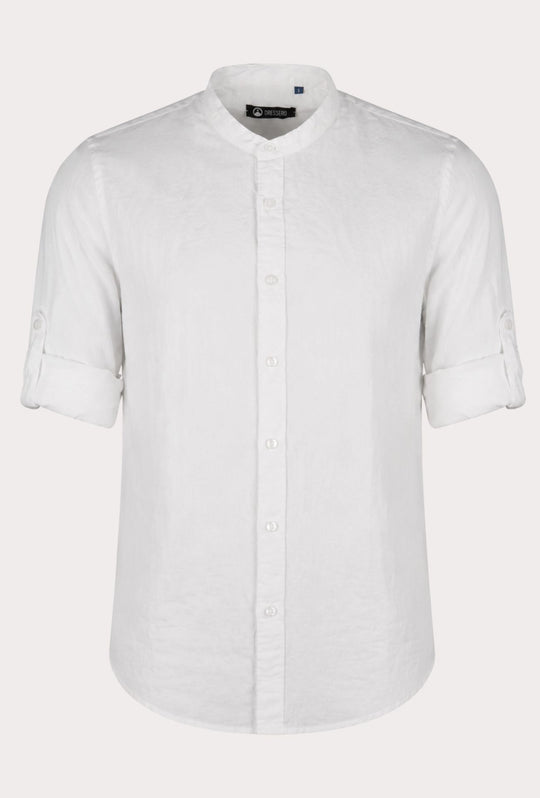 Camicia Uomo Manica Lunga 100% Lino Collo Coreano Semi Slim Fi Camicie Dresserd Uomo - BIANCO