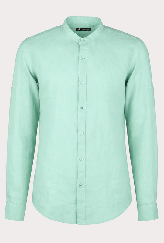 Camicia Uomo Manica Lunga 100% Lino Collo Coreano Semi Slim Fi Camicie Dresserd Uomo - ACQUA MARINA