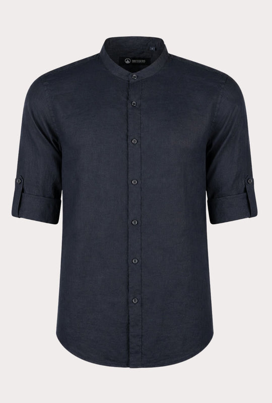 Camicia Uomo Manica Lunga 100% Lino Collo Coreano Semi Slim Fi Camicie Dresserd Uomo - NERO