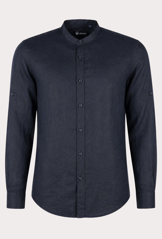 Camicia Uomo Manica Lunga 100% Lino Collo Coreano Semi Slim Fi Camicie Dresserd Uomo - NERO