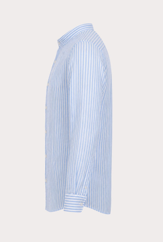 Camicia Uomo Manica Lunga Lino e Cotone Collo Coreano a righe Made in Italy - CELESTE