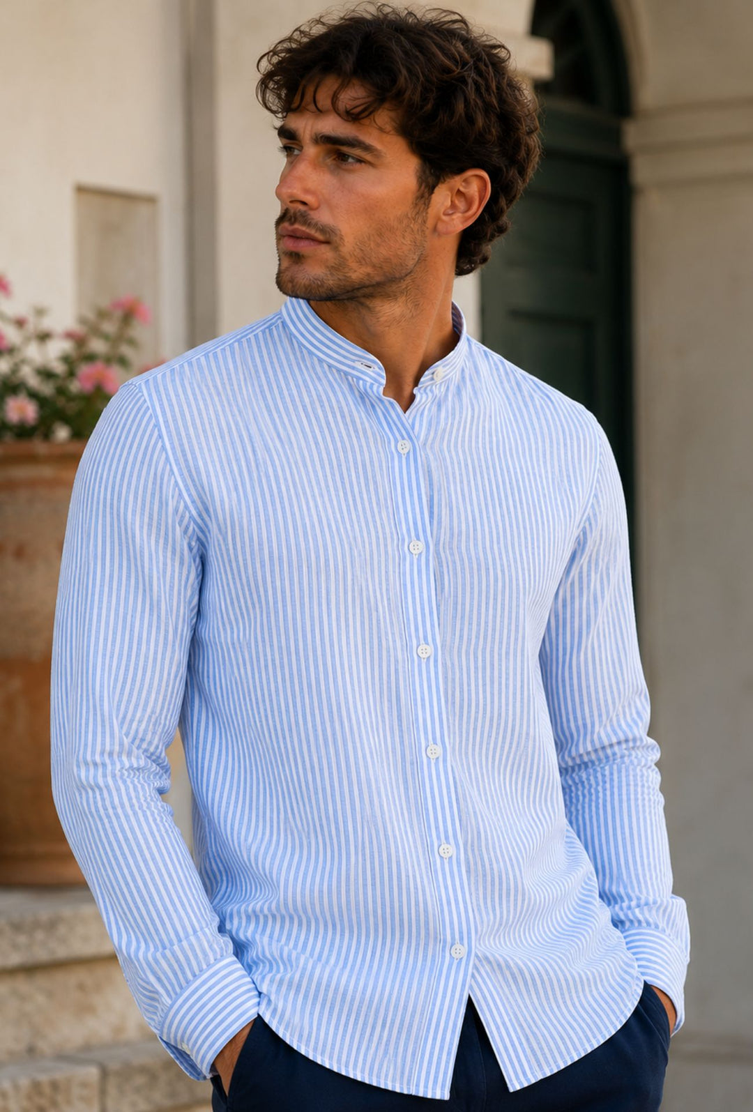 Camicia Uomo Manica Lunga Lino e Cotone Collo Coreano a righe Made in Italy - CELESTE