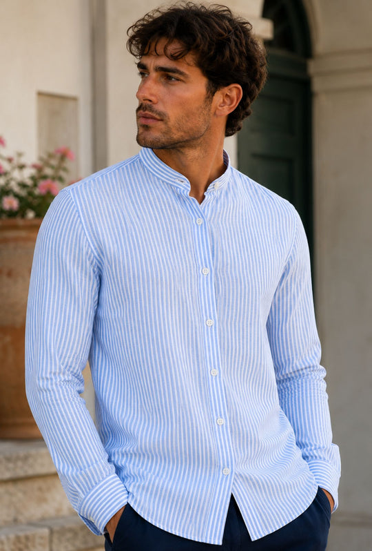 Camicia Uomo Manica Lunga Lino e Cotone Collo Coreano a righe Made in Italy - CELESTE