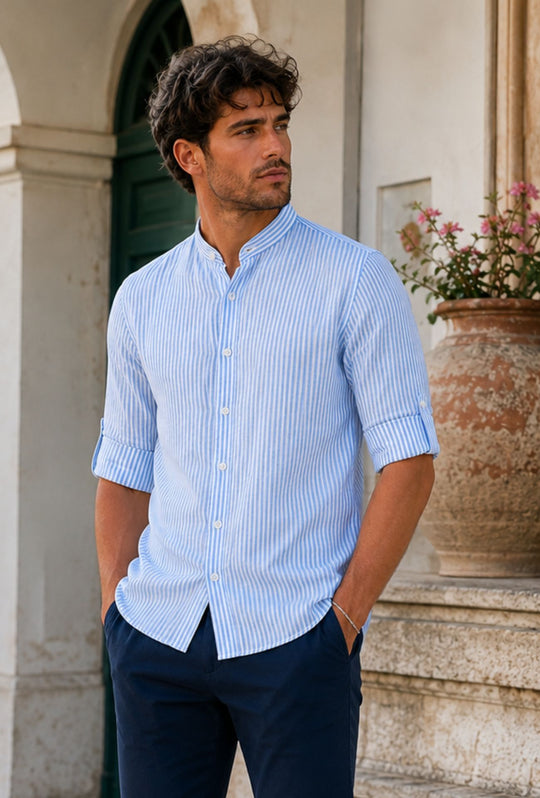 Camicia Uomo Manica Lunga Lino e Cotone Collo Coreano a righe Made in Italy - CELESTE