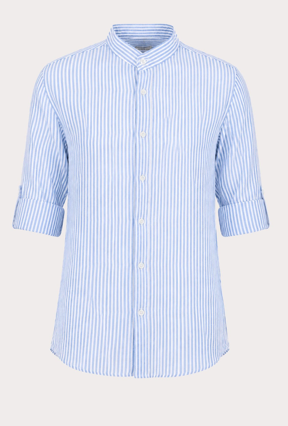 Camicia Uomo Manica Lunga Lino e Cotone Collo Coreano a righe Made in Italy - CELESTE