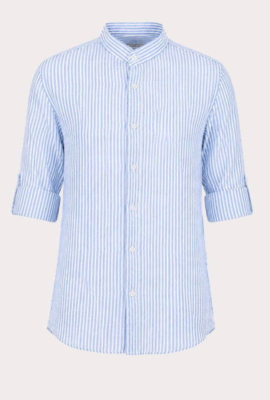 Camicia Uomo Manica Lunga Lino e Cotone Collo Coreano a righe Made in Italy - CELESTE