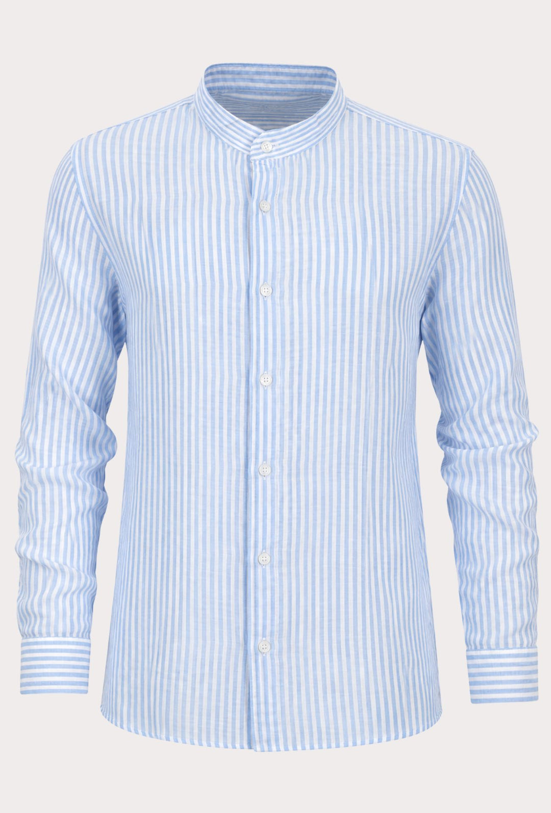 Camicia Uomo Manica Lunga Lino e Cotone Collo Coreano a righe Made in Italy - CELESTE