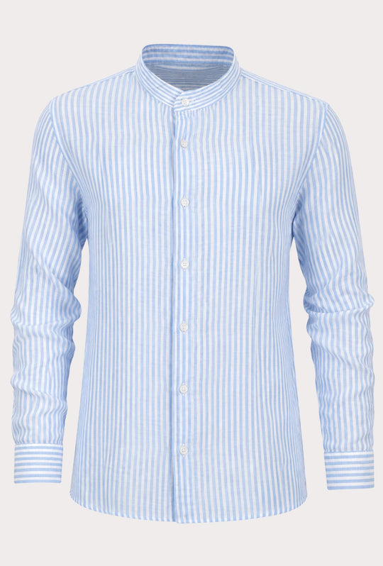 Camicia Uomo Manica Lunga Lino e Cotone Collo Coreano a righe Made in Italy - CELESTE