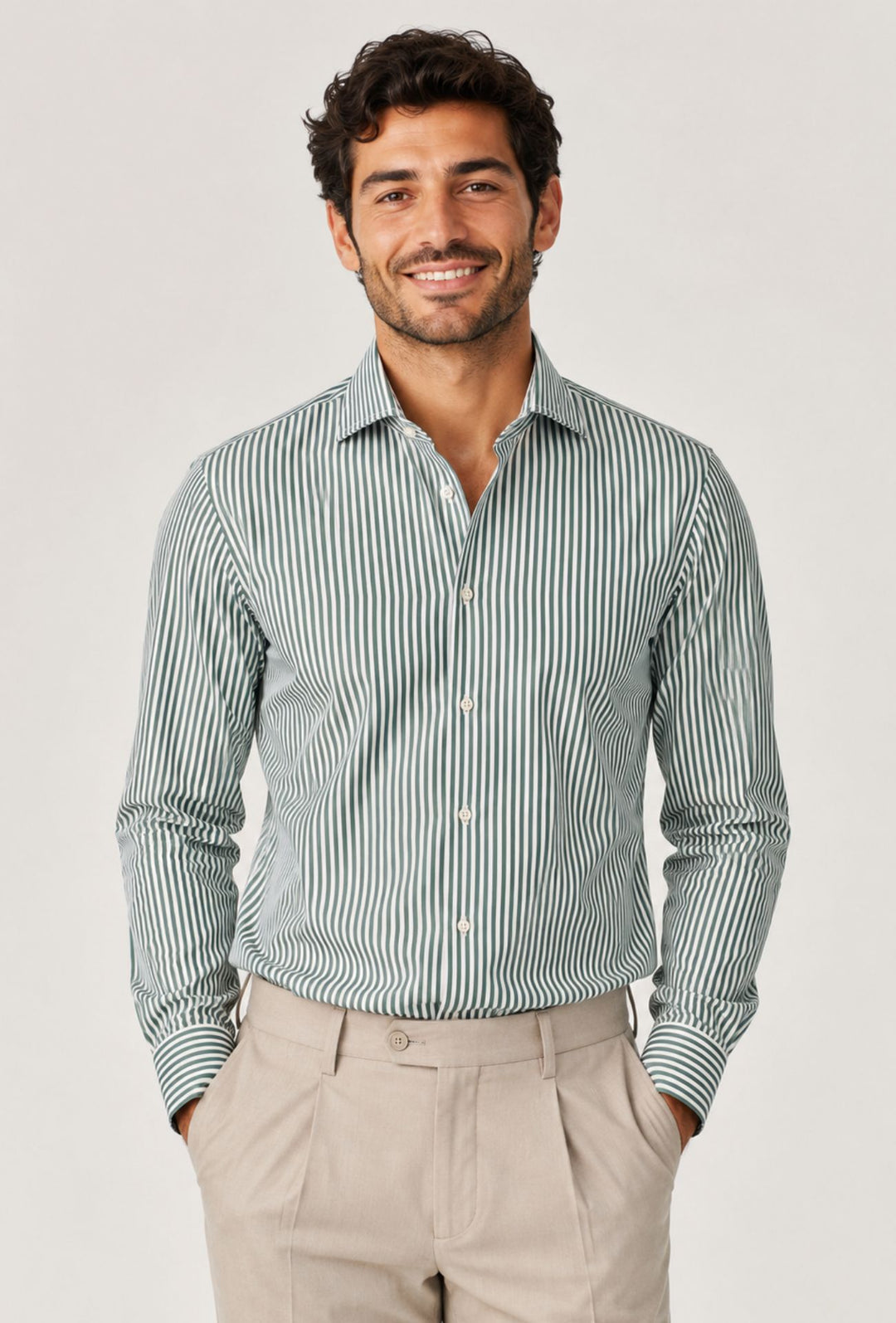 Camicia uomo manica lunga a righe 100% cotone made in italy - VERDE