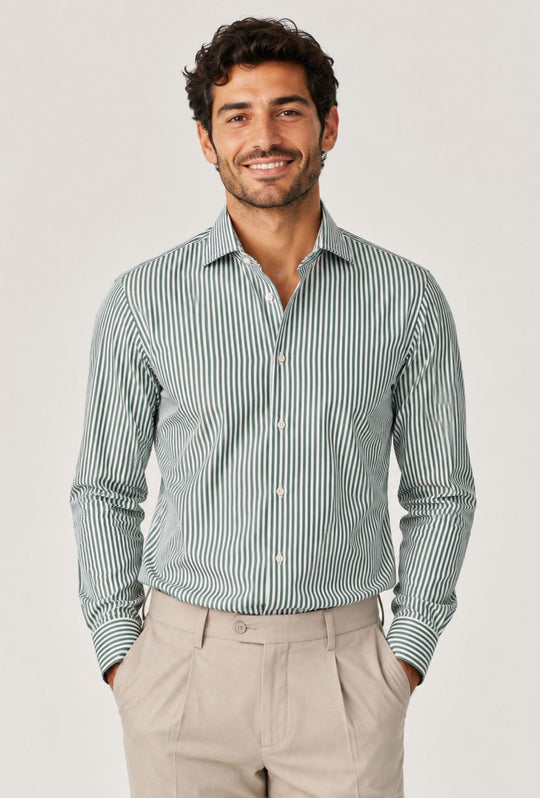 Camicia uomo manica lunga a righe 100% cotone made in italy - VERDE