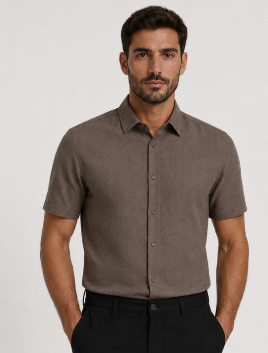 Camicia Uomo Mezza manica Dresserd Lino Viscosa - MARRONE