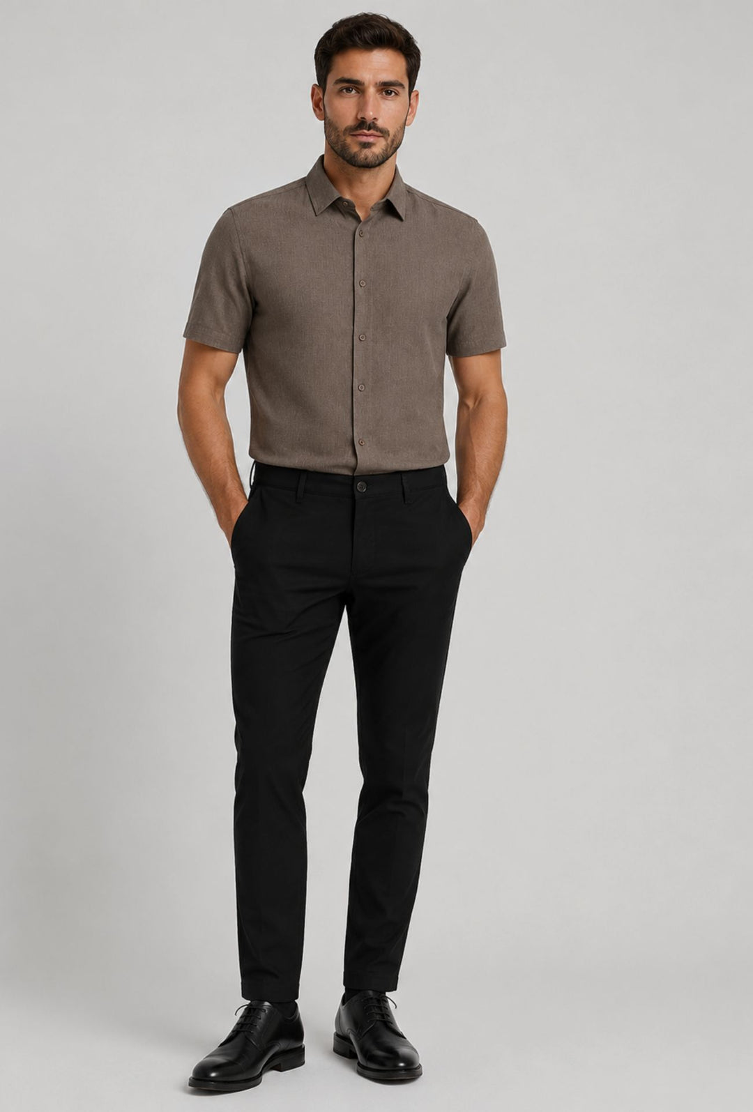 Camicia Uomo Mezza manica Dresserd Lino Viscosa - MARRONE