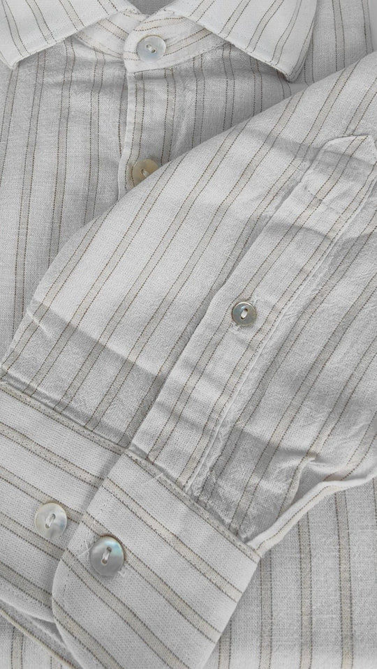 Camicia Uomo Lino Cotone a Righe Dresserd Collo Francese - BEIGE