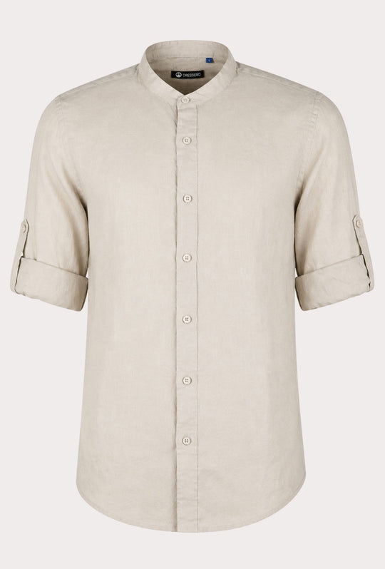 Camicia Uomo Manica Lunga 100% Lino Collo Coreano Semi Slim Fit Camicie Dresserd Uomo - BEIGE