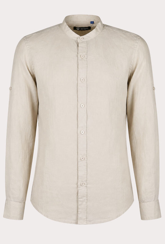 Camicia Uomo Manica Lunga 100% Lino Collo Coreano Semi Slim Fit Camicie Dresserd Uomo - BEIGE