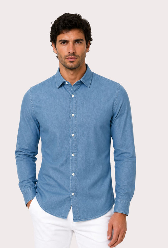 Camicia uomo Jeans manica lunga leggera semi slim fit - CELESTE