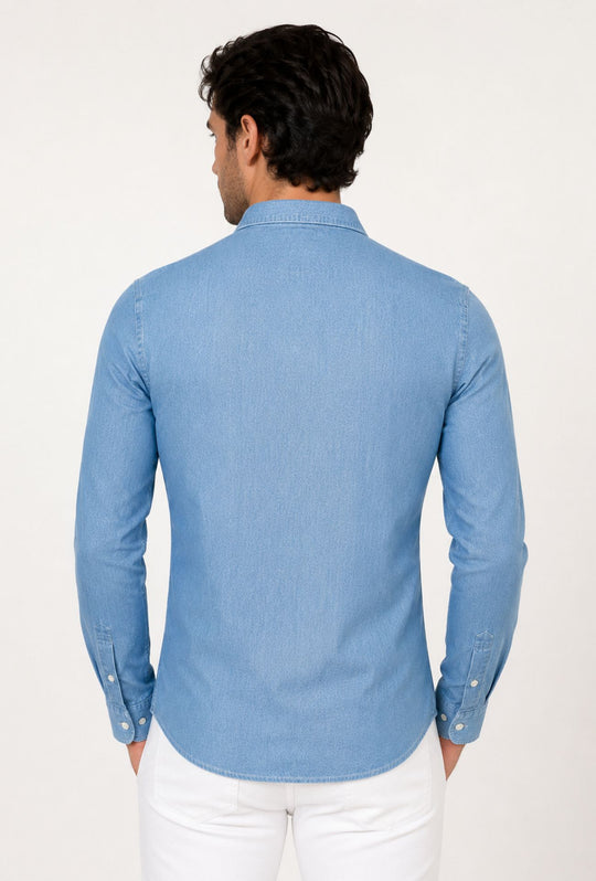 Camicia uomo Jeans manica lunga leggera semi slim fit - CELESTE