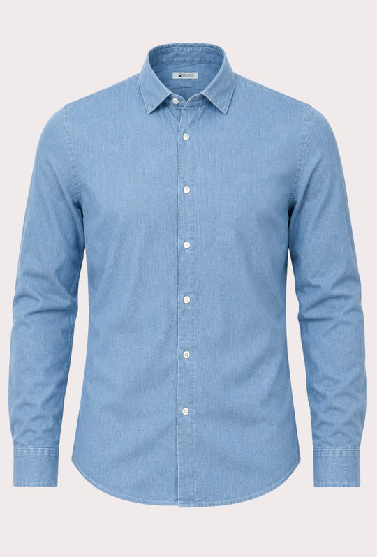 Camicia uomo Jeans manica lunga leggera semi slim fit - CELESTE