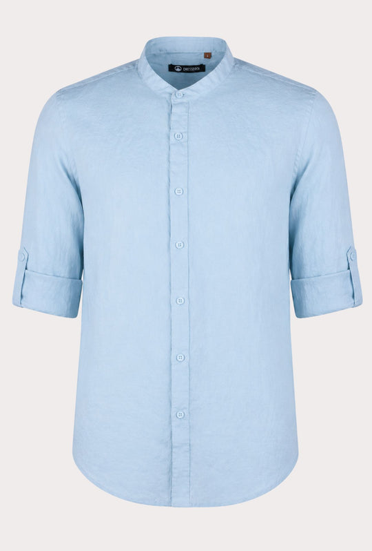 Camicia Uomo Manica Lunga 100% Lino Collo Coreano Semi Slim Fi Camicie Dresserd Uomo - CELESTE