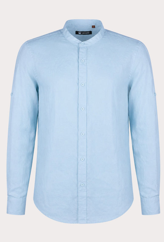 Camicia Uomo Manica Lunga 100% Lino Collo Coreano Semi Slim Fi Camicie Dresserd Uomo - CELESTE