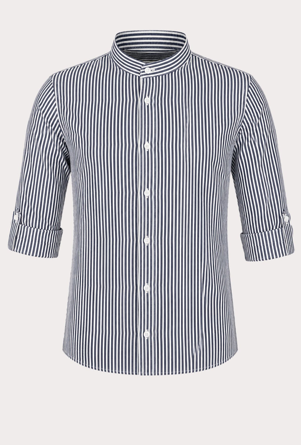 Camicia Uomo Manica Lunga Lino e Cotone Collo Coreano a righe Made in Italy -BLU NAVY