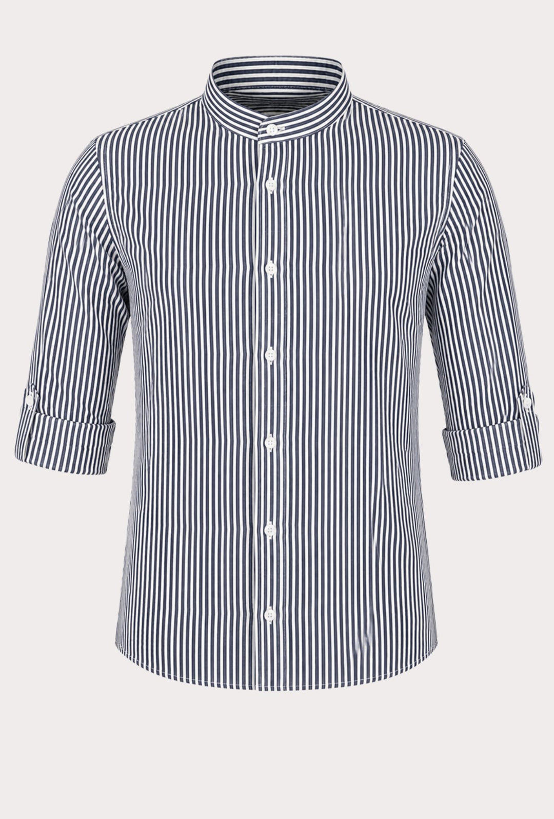 Camicia Uomo Manica Lunga Lino e Cotone Collo Coreano a righe Made in Italy -BLU NAVY
