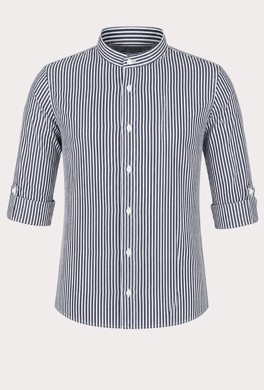 Camicia Uomo Manica Lunga Lino e Cotone Collo Coreano a righe Made in Italy -BLU NAVY