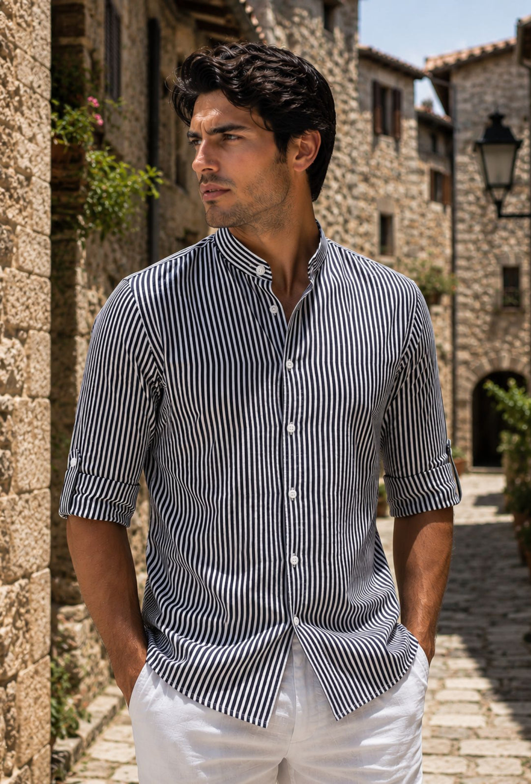 Camicia Uomo Manica Lunga Lino e Cotone Collo Coreano a righe Made in Italy -BLU NAVY