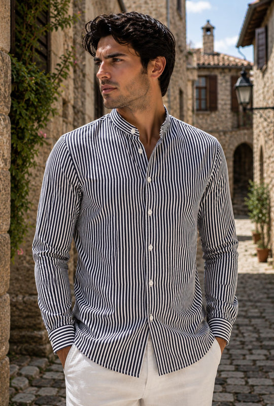 Camicia Uomo Manica Lunga Lino e Cotone Collo Coreano a righe Made in Italy -BLU NAVY