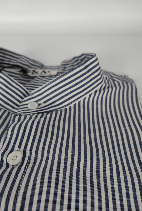 Camicia Uomo Manica Lunga Lino e Cotone Collo Coreano a righe Made in Italy -BLU NAVY