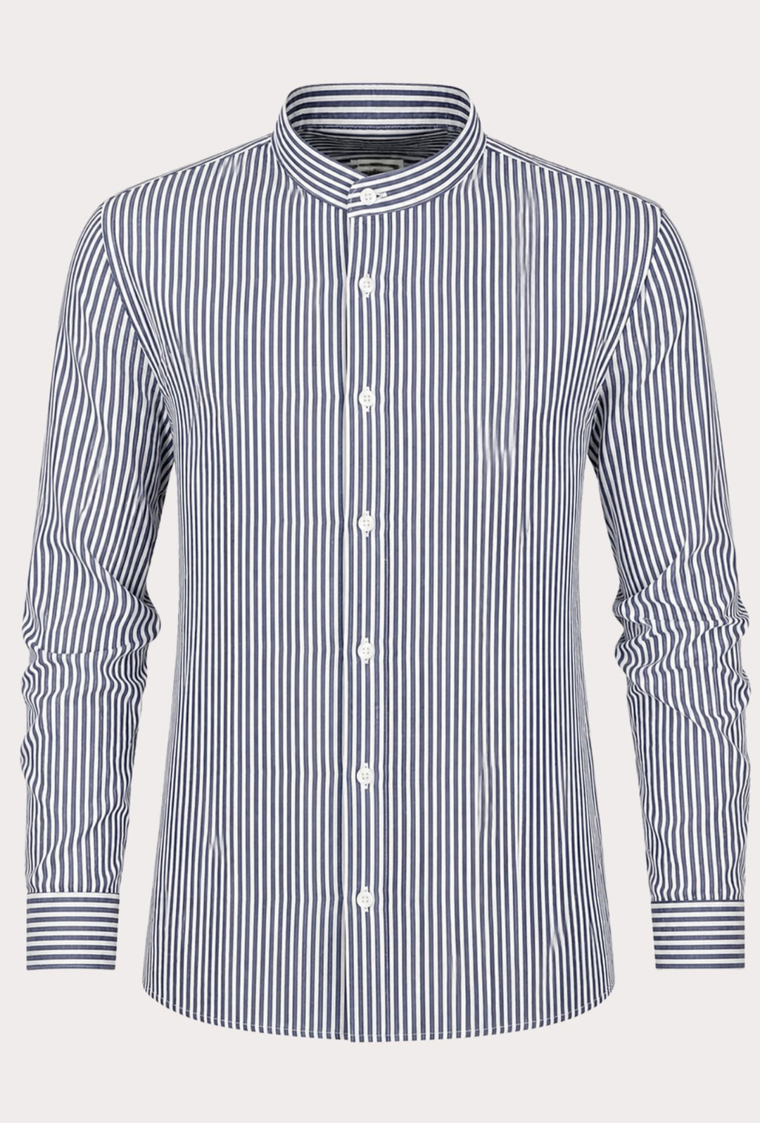 Camicia Uomo Manica Lunga Lino e Cotone Collo Coreano a righe Made in Italy -BLU NAVY