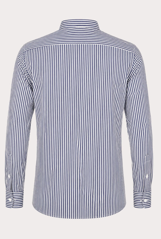 Camicia Uomo Manica Lunga Lino e Cotone Collo Coreano a righe Made in Italy -BLU NAVY