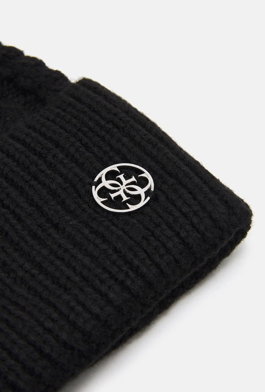 Berretto Donna GUESS con Pompon e Lavorazione a Trecce- NERO