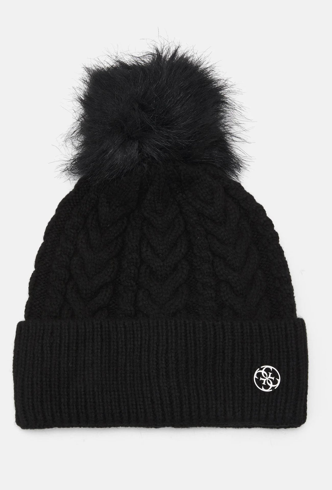 Berretto Donna GUESS con Pompon e Lavorazione a Trecce- NERO