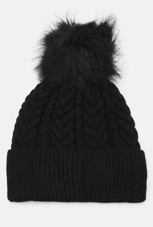 Berretto Donna GUESS con Pompon e Lavorazione a Trecce- NERO
