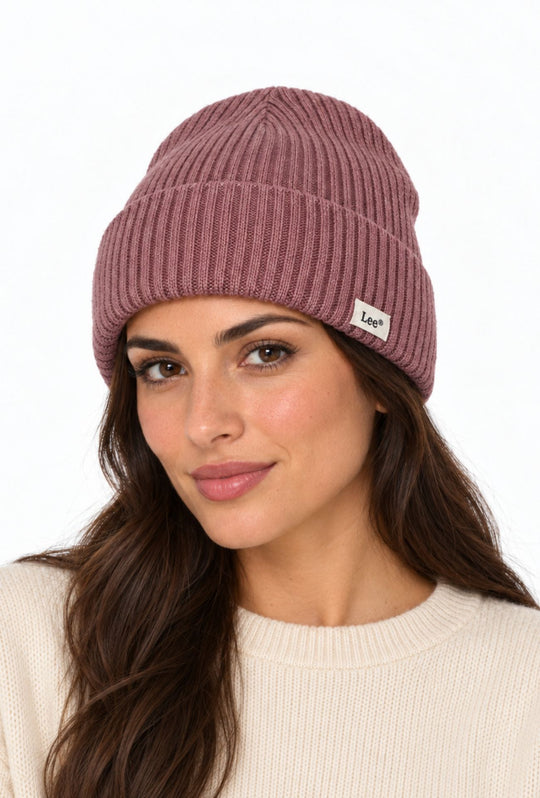 Berretto Donna Lee in Maglia a Costine con Risvolto- ROSA ANTICO