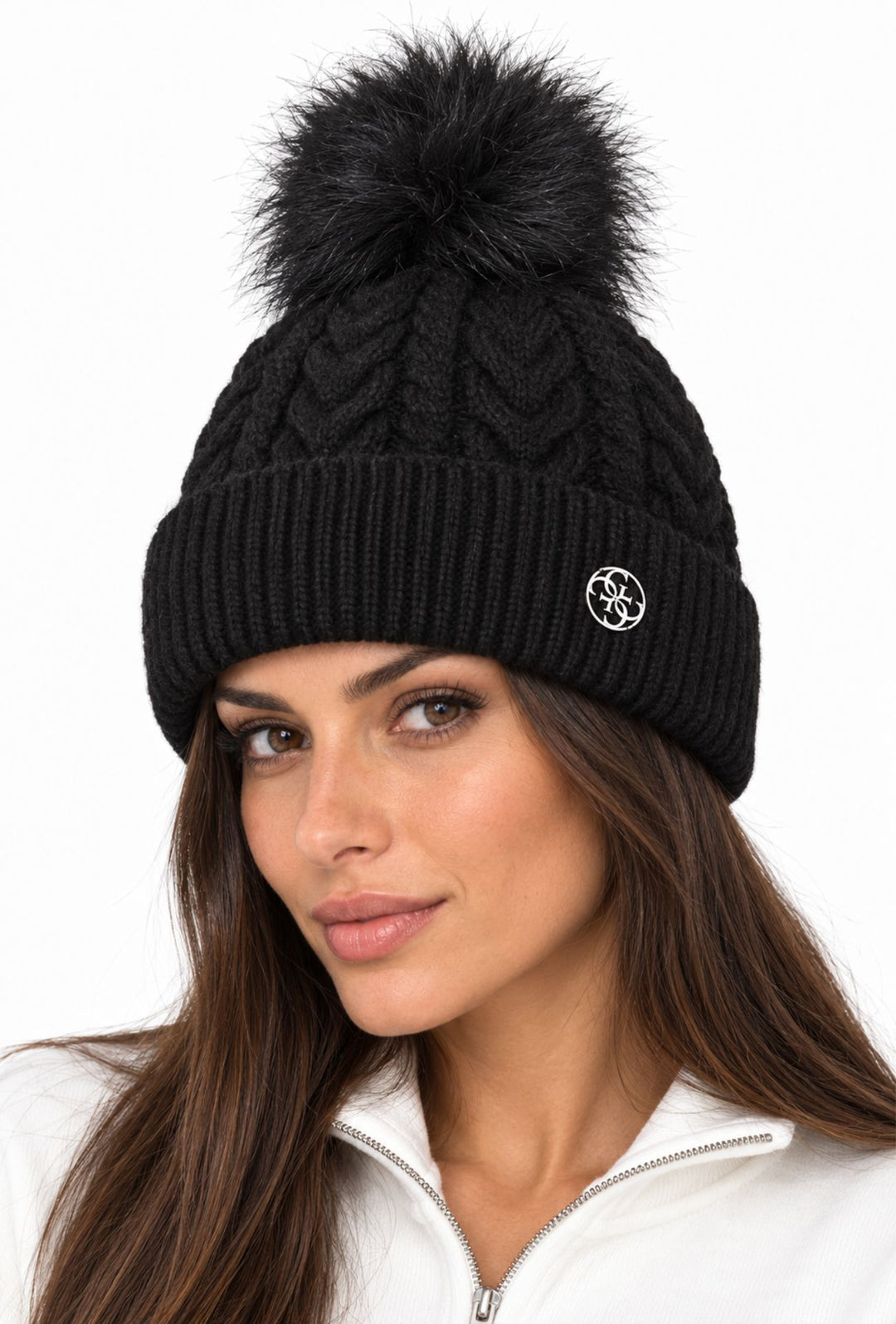 Berretto Donna GUESS con Pompon e Lavorazione a Trecce- NERO