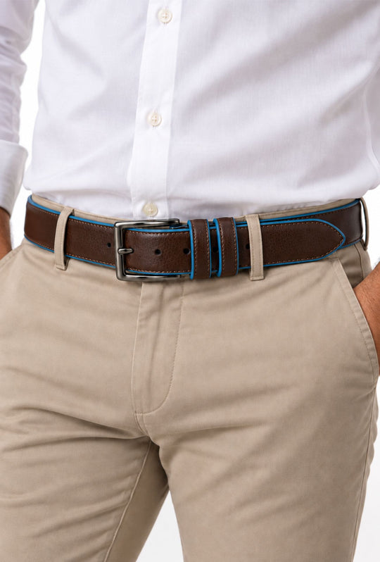 Cintura Uomo DRESSERD in Vera Pelle con Profilo Azzurro  Made in Italy- MORO