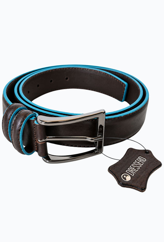 Cintura Uomo DRESSERD in Vera Pelle con Profilo Azzurro  Made in Italy- MORO