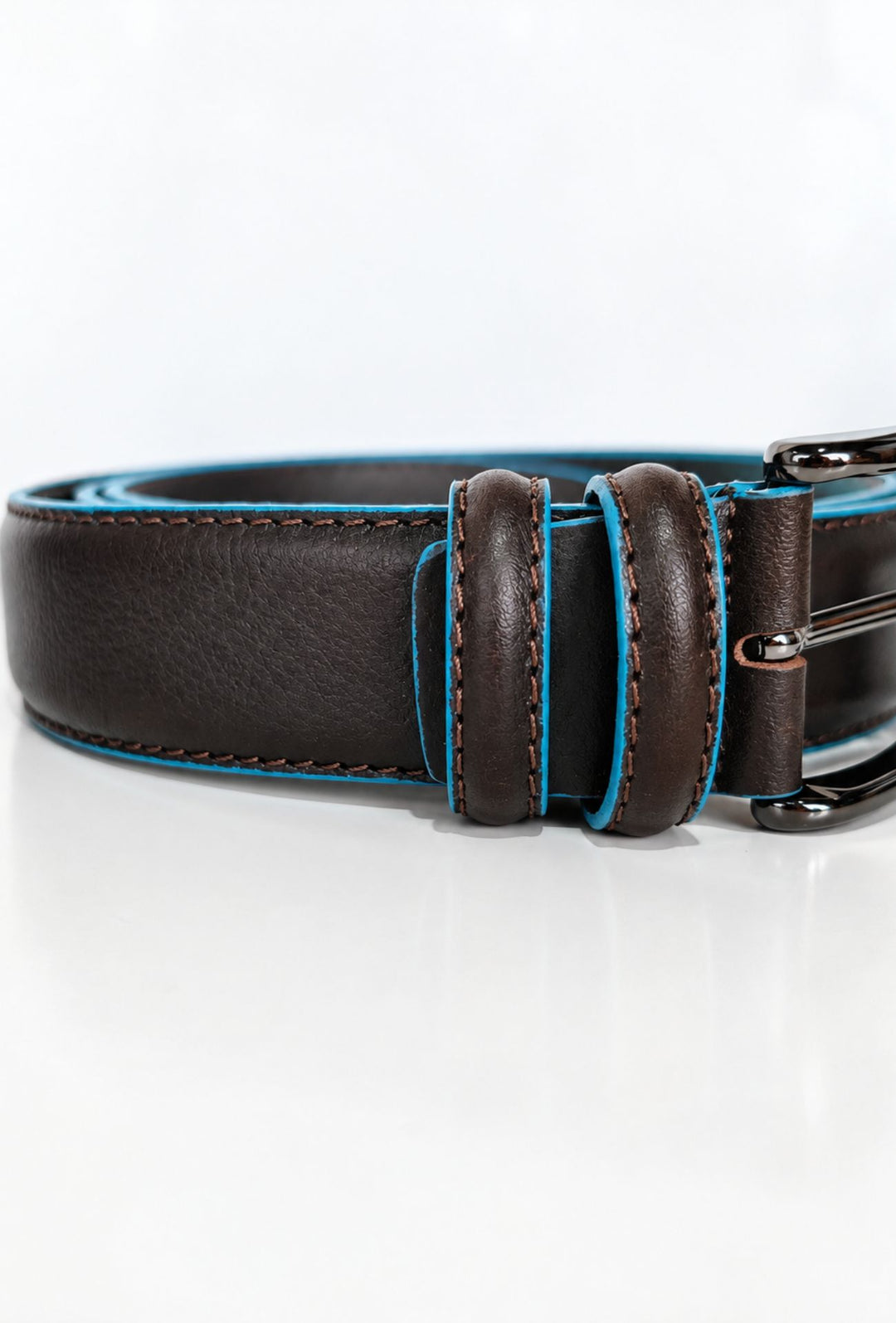 Cintura Uomo DRESSERD in Vera Pelle con Profilo Azzurro  Made in Italy- MORO