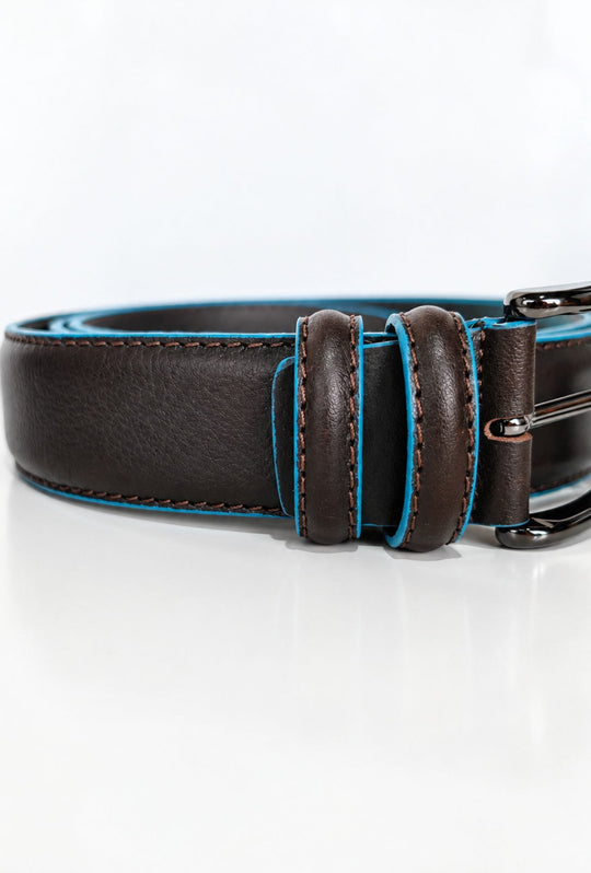 Cintura Uomo DRESSERD in Vera Pelle con Profilo Azzurro  Made in Italy- MORO