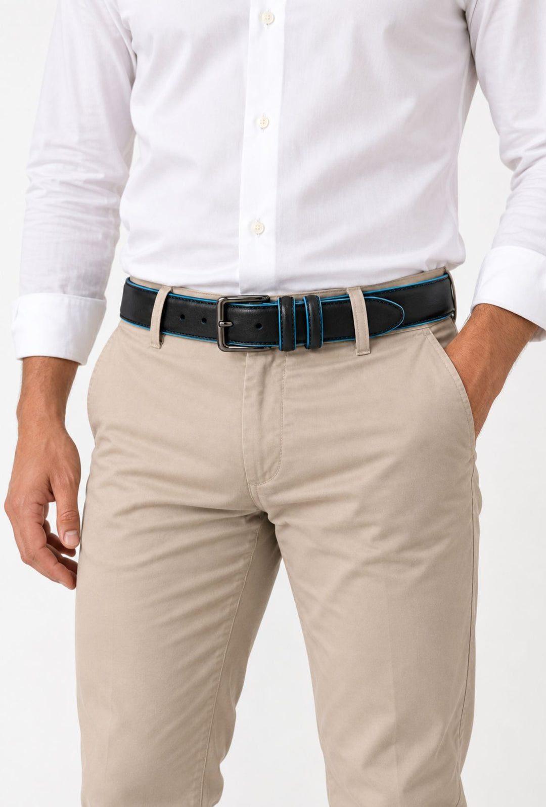 Cintura Uomo DRESSERD in Vera Pelle con Profilo Azzurro  Made in Italy- NERO