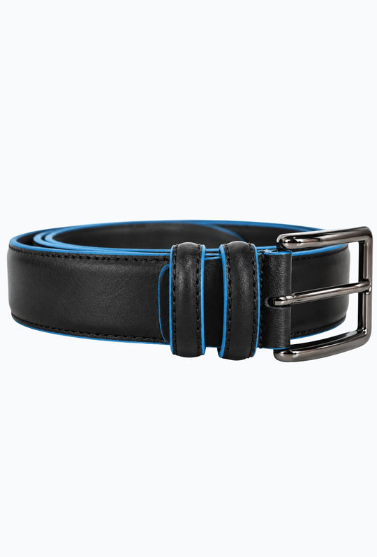 Cintura Uomo DRESSERD in Vera Pelle con Profilo Azzurro  Made in Italy- NERO