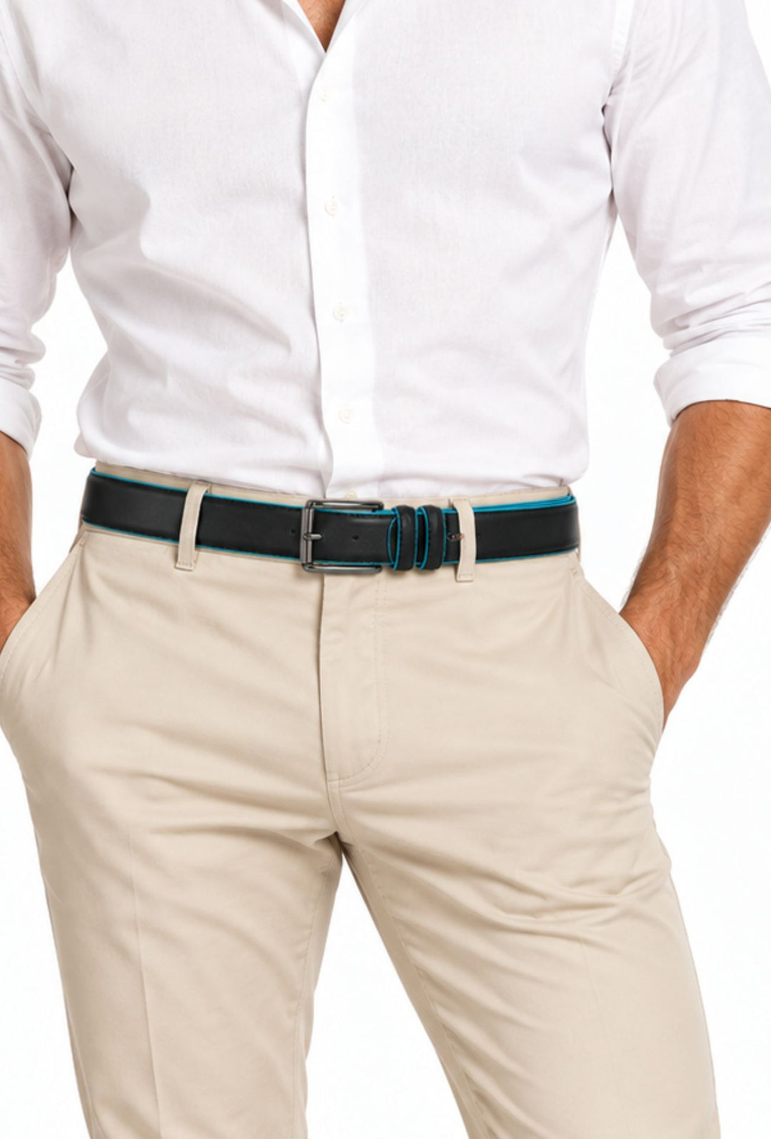 Cintura Uomo DRESSERD in Vera Pelle con Profilo Azzurro  Made in Italy- NERO