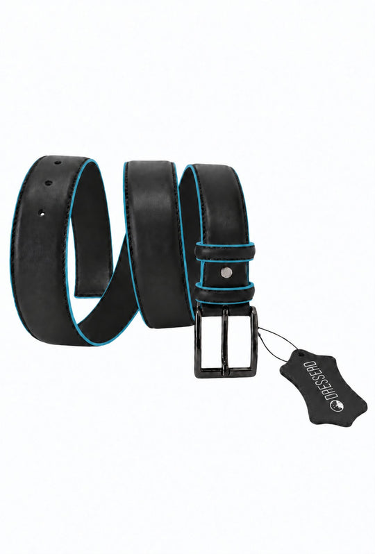 Cintura Uomo DRESSERD in Vera Pelle con Profilo Azzurro  Made in Italy- NERO