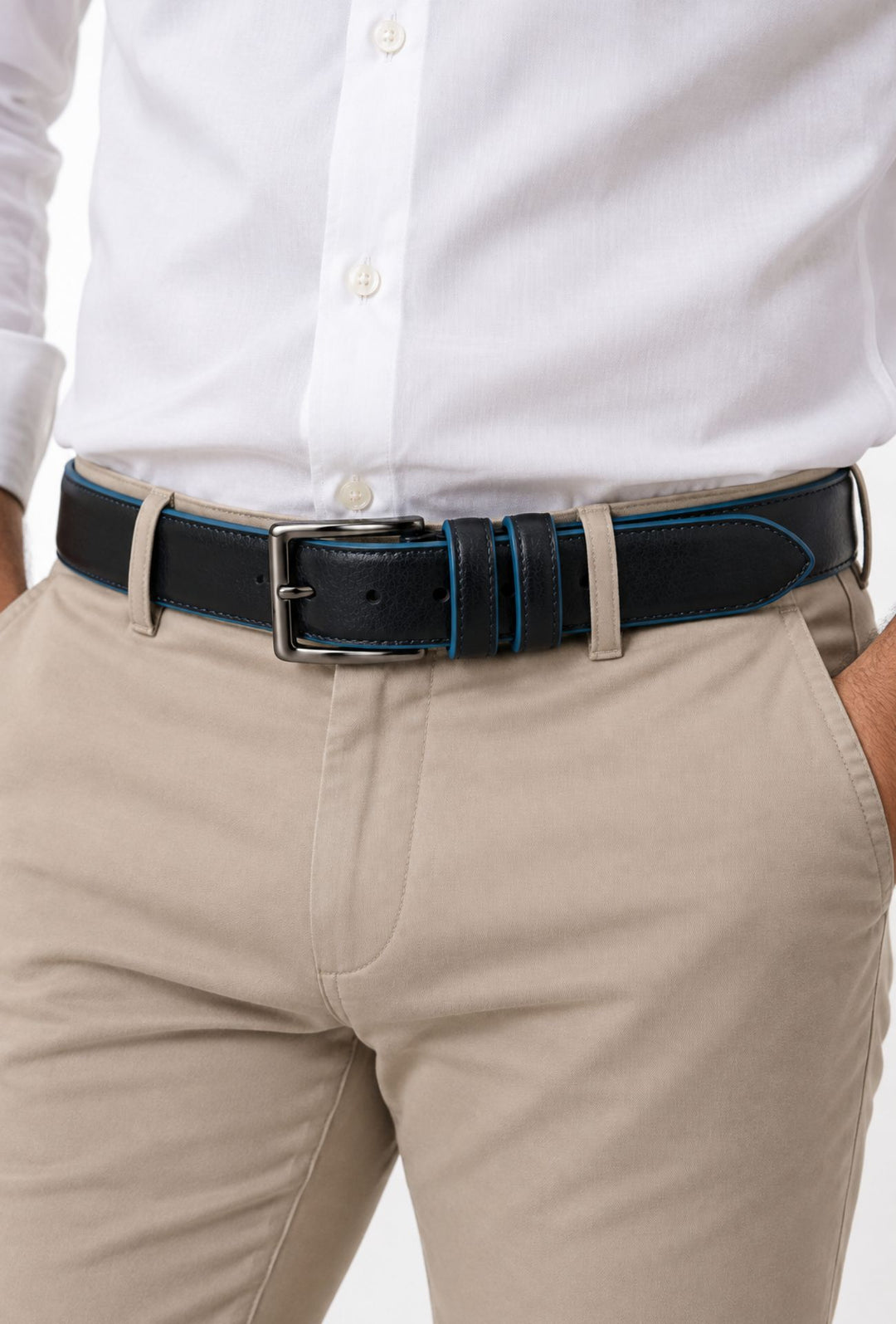 Cintura Uomo DRESSERD in Vera Pelle con Profilo Azzurro  Made in Italy- BLU